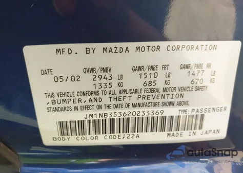 2002 Mazda Mx-5 Miata Cloth/Ls/Se z USA, uszkodzony, nr VIN JM1NB353620233369